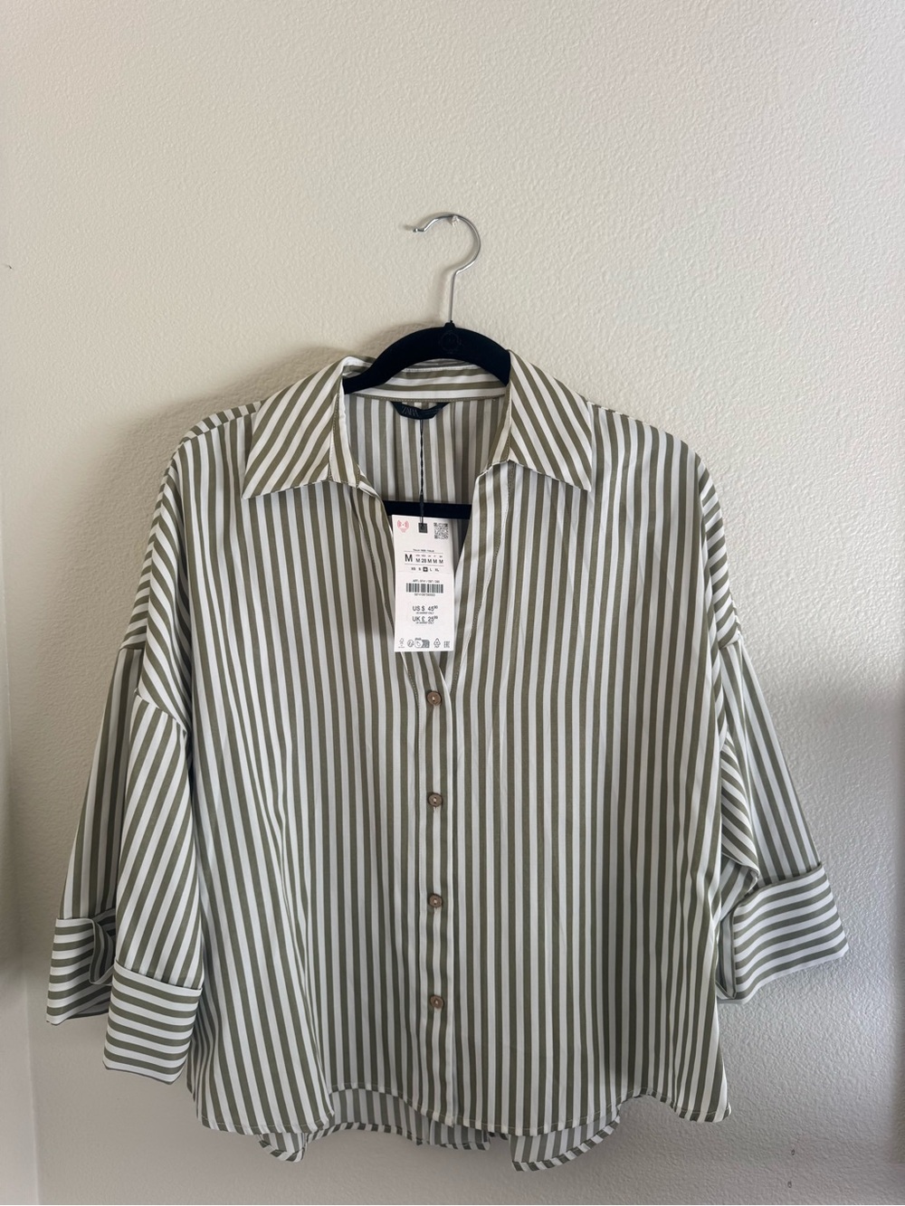 Zara Olive Green and White Striped Button-Down Shirt